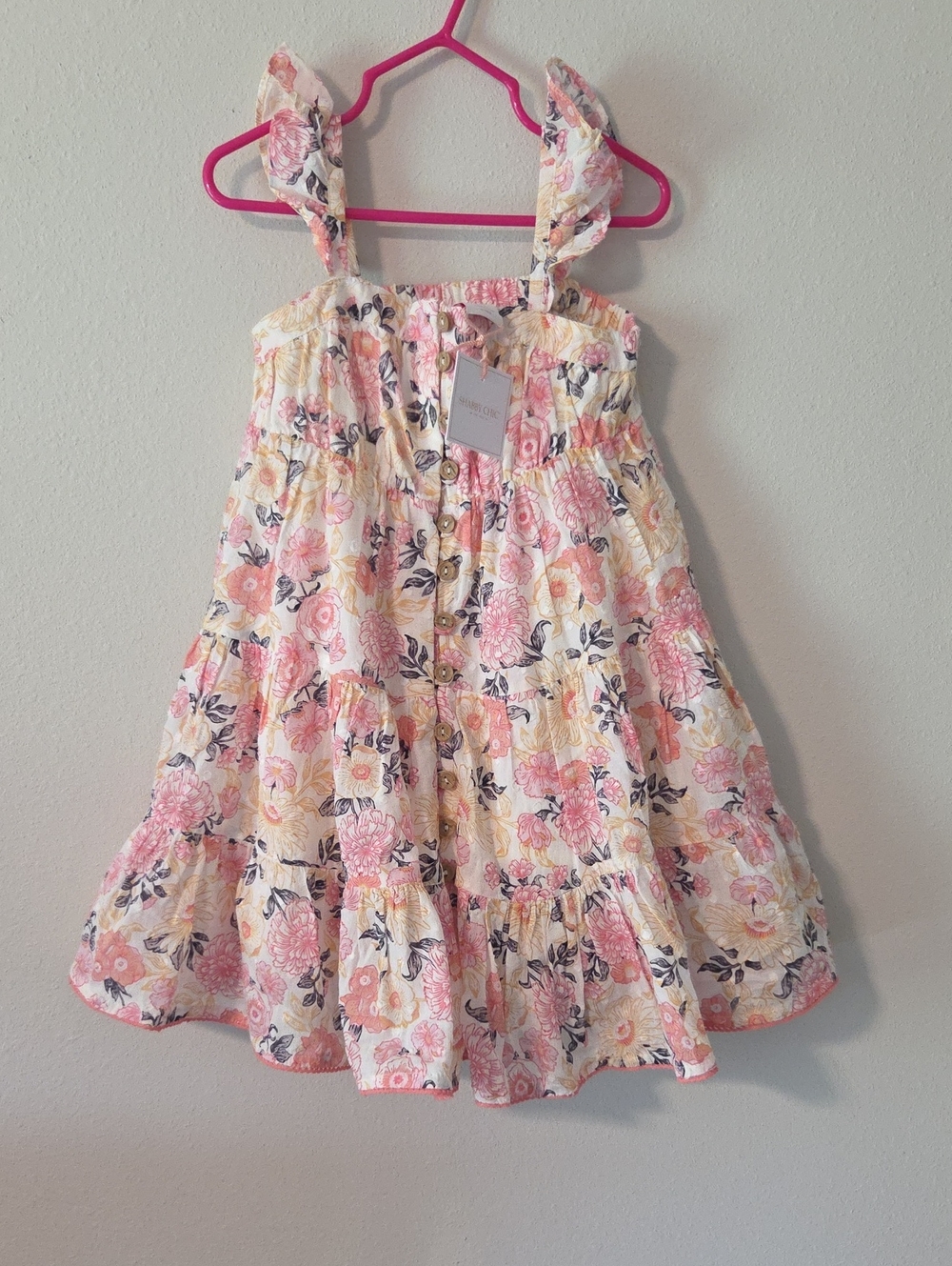 Shabby Chic Pink Cream Floral Tiered Sundress with Ruffle Straps